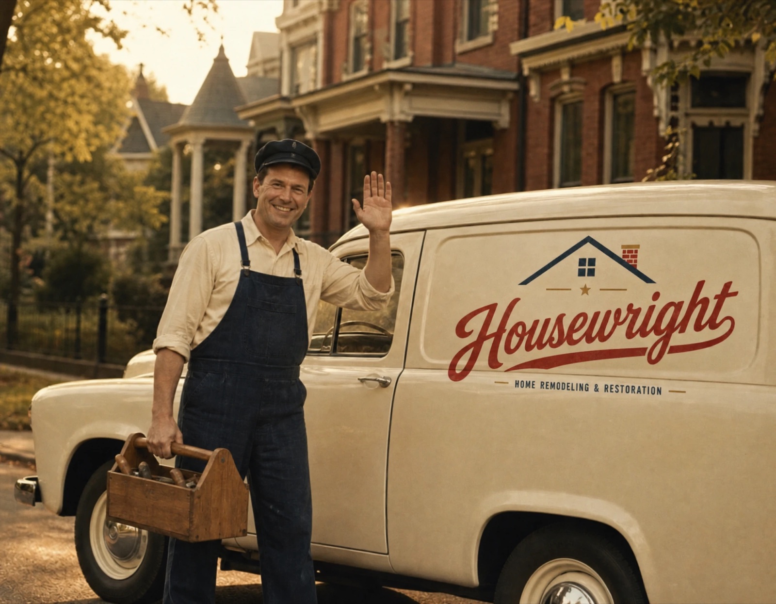 A Housewright carpenter waving beside the cream Housewright van on a Cincinnati street